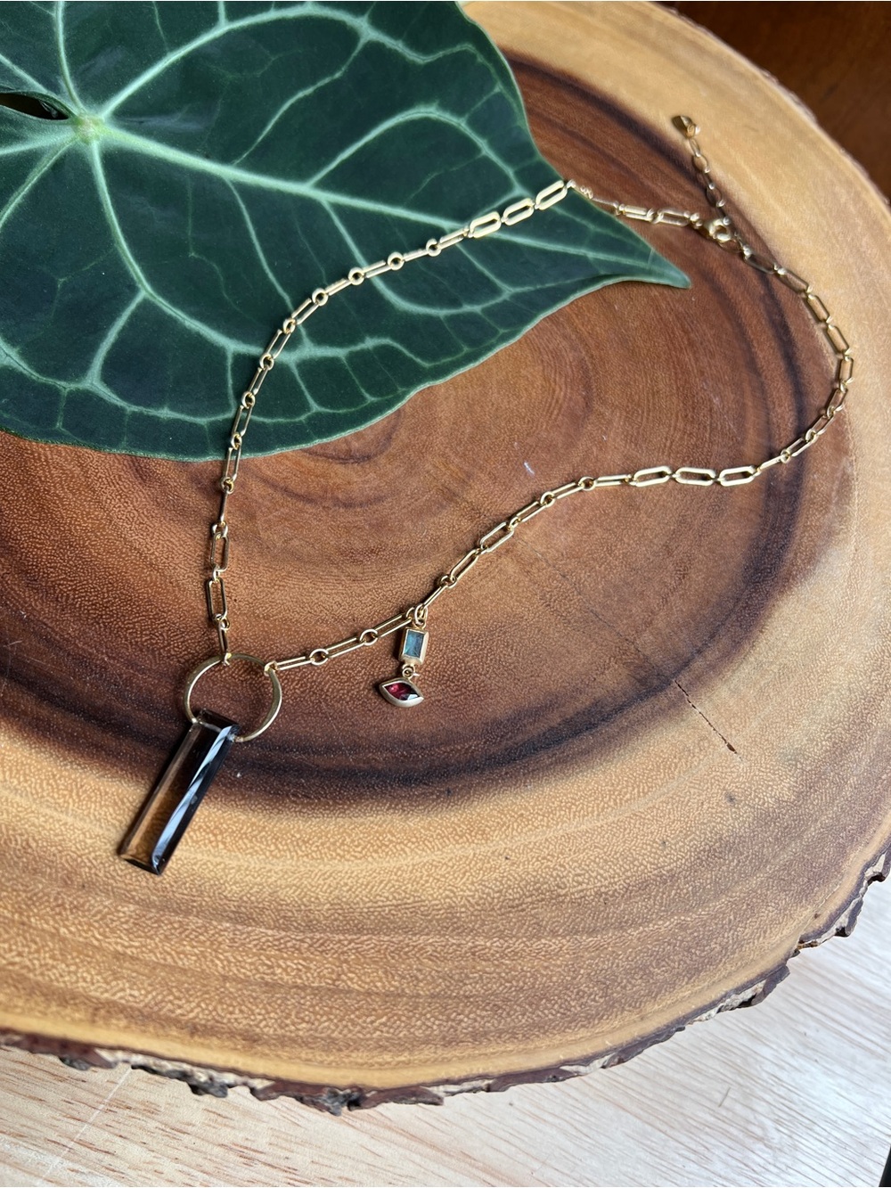 Chan Luu Gold Chain Necklace with Smoky Pendant and Red Accent